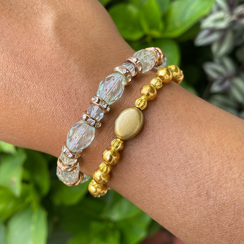 Two piece bracelet set, gold bead bracelet